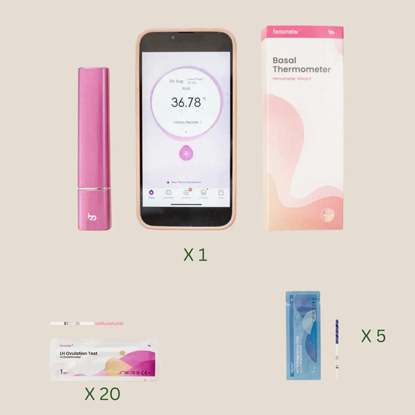 Femometer Ægløsningstest Strimmel 20 stk. + Femometer Graviditetstest Strimmel 5 stk + Femometer Vinca II Termometer