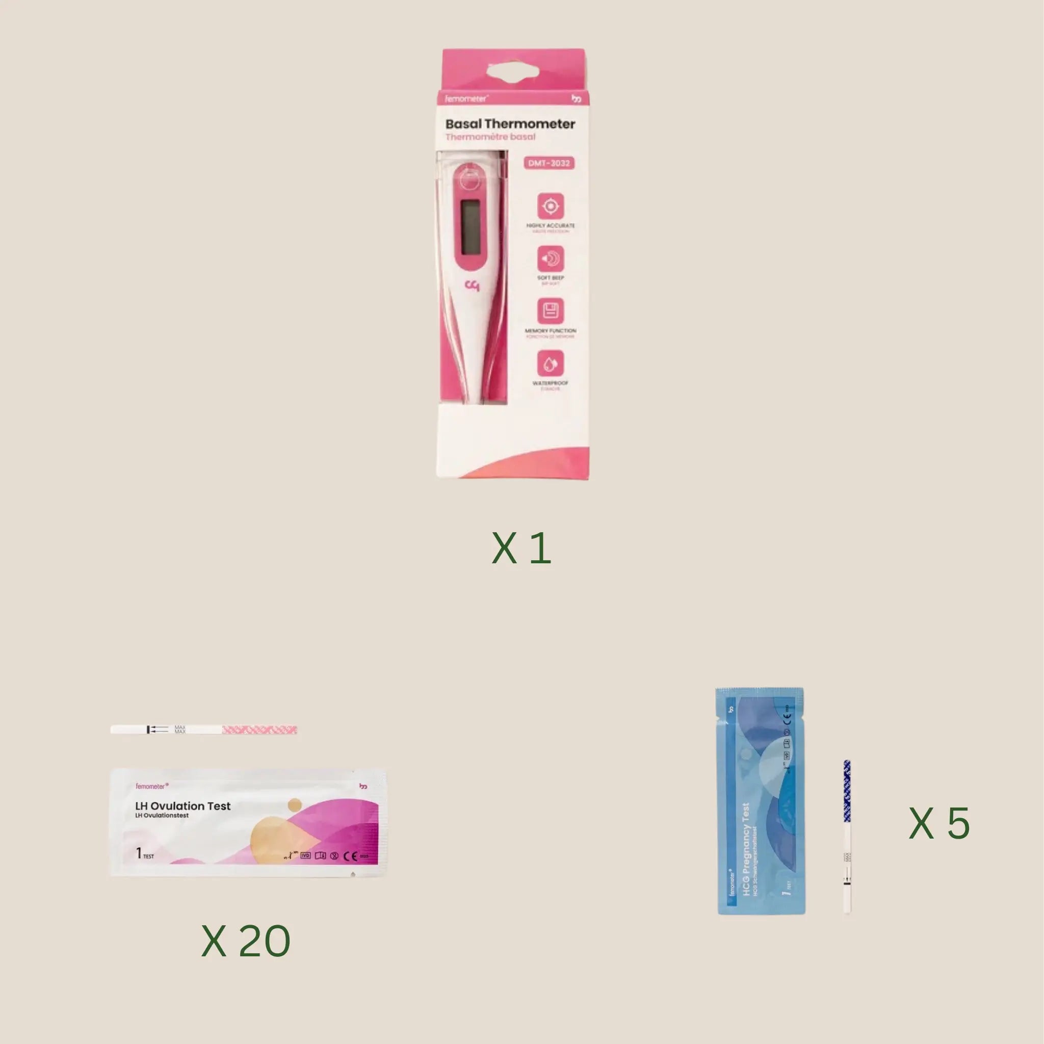 Femometer Ovulation Test Strip. 20 pcs. + Femometer Pregnancy Test Strip. 10 pcs. + Femometer Vinca Lite Thermometer